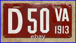 1913 Virginia dealer license plate D 50 porcelain white on red low number