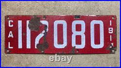 1914 California license plate 112080 porcelain white on red first year patina