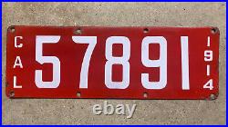 1914 California license plate 57891 porcelain white on red first year