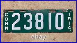 1914 Connecticut license plate 23810 porcelain white on green