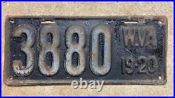 1919-1920 West Virginia license plate 3880 white on black embossed
