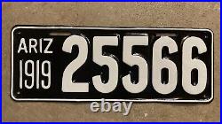 1919 Arizona license plate 25566 white on black embossed