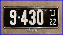 1922 Utah license plate 9-430 white on black embossed