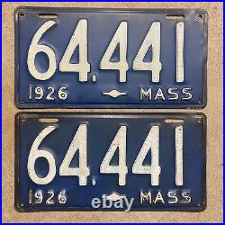 1926 Massachusetts license plate pair 64441 blue white low number shorty Model T