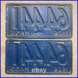 1926 Massachusetts license plate pair 64441 blue white low number shorty Model T