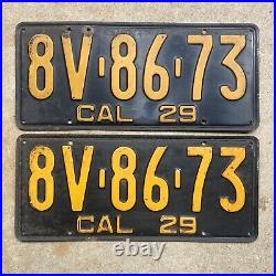 1929 California license plate pair 8V 86 73 orange on black embossed garage SBNC