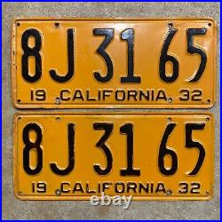 1932 California license plate pair 8J 31 65 black on yellow embossed garage SBNC