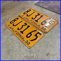 1932 California license plate pair 8J 31 65 black on yellow embossed garage SBNC