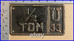 1933 Utah license plate 1/2 TON white on black embossed motorcycle size 0520