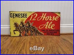 1934 Genesee 12 Horse Ale Tin Sign Beer Rochester NY Brewery Rare Metal Vintage