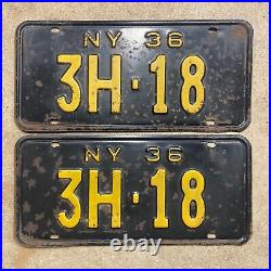 1936 New York license plate pair 3 H 18 yellow on black embossed low number