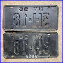 1936 New York license plate pair 3 H 18 yellow on black embossed low number