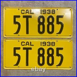1938 California license plate pair 5T 885 black on yellow embossed garage SBNC