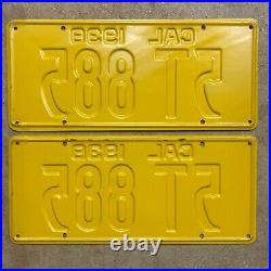 1938 California license plate pair 5T 885 black on yellow embossed garage SBNC