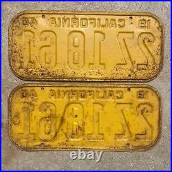 1940 California license plate pair 2Z 18 61 black on yellow embossed garage SBNC