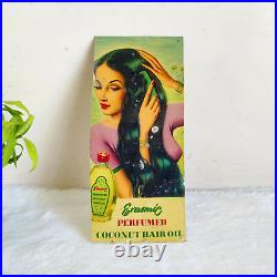 1940 Vintage India Lady Graphics Erasmic Coconut Hair Oil Advertising Metal Sign