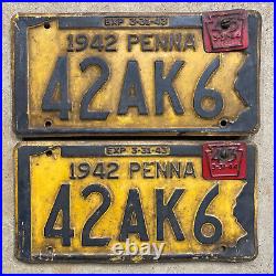 1942 Pennsylvania license plate pair 42 AK 6 1943 tabs Ford Chevy World War II