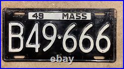 1949 Massachusetts truck license plate B 49 666 triple 6 devil white on black
