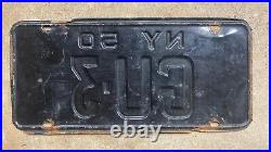 1950 New York license plate GU-3 low number yellow on black Ford Chevy Plymouth