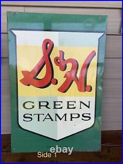 1950s OG Vintage S&H Green Stamps Sign Metal Grocery / Gas 20X29.5 Double Sided