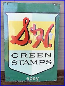 1950s OG Vintage S&H Green Stamps Sign Metal Grocery / Gas 20X29.5 Double Sided