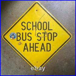 1950s highway sign school bus stop ahead 1940s road black on yellow embossed