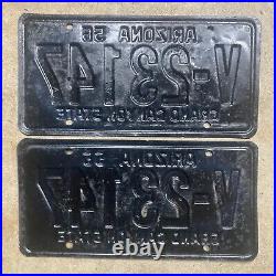1956 Arizona license plate pair V-23147 white on black embossed 1957 1958