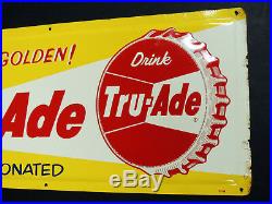 1959 authentic vintage TRU-ADE Soda Embossed Bottle Cap Metal TIN SIGN 12x28