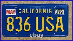 1970 California license plate 836 USA yellow on blue 1979 patriotic