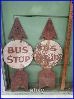 2 Antique Bus Stop Metal Police School Zone Arrow Sign Vintage Street