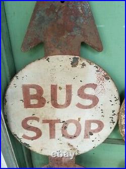 2 Antique Bus Stop Metal Police School Zone Arrow Sign Vintage Street
