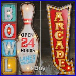 2 GAME ROOM BOWLING & ARCADE LED Metal Signs Vintage Look, Brand New! Decor