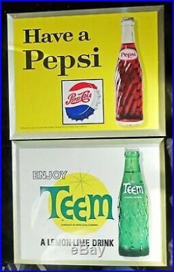 2 Vtg 1960s Pepsi Cola & Teem Lemon Lime Soda 9X11 Metal signs