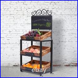 3-Tier Vintage Brown Metal & Burnt Wood Produce Stand with Chalkboard Signs