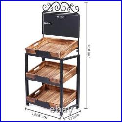 3-Tier Vintage Brown Metal & Burnt Wood Produce Stand with Chalkboard Signs