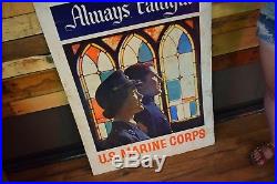 60's VINTAGE METAL USMC US MARINE CORPS DOUBLE SIDED METAL SIGN Old Military War