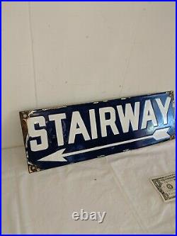 ANTIQUE Vtg 18 ARROW STAIRWAY SIGN Blue & White Enamel Embossed Metal Sign