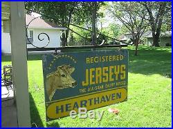 Advertising Vintage 2 Sided Metal Sign&Bracket Jersey Cow Hearthaven Dairy