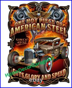American Steel Hot Rod Cutout Metal Sign, 3 Sizes, Vintage Style Garage Art