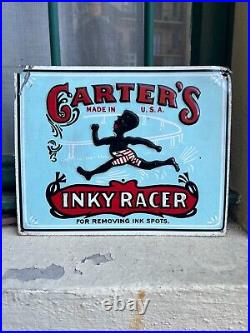 Antique Sign Advertising Carter's' Inky Racer'IN Tin Metal Enamel USA