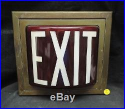 Antique Vintage Rare Curved Ruby Glass EXIT Sign in Metal Frame