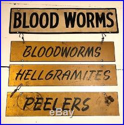 Antique Vtg 1950s Fishing Bait Tackle Worms Sign Metal Double Sided Hunting Game