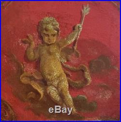 Antique or Vintage French Signed Painted Cherub Angel Tole Toleware Metal Tray