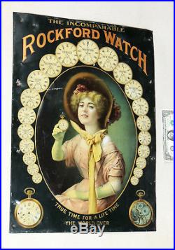 C1900 Antique vtg ROCKFORD Pocket WATCH Tin Metal SIGN Victorian Lady IL Meek Co