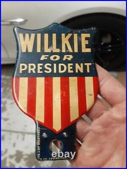 C. 1940 Original Vintage Willkie For President Sign Metal Plate Topper Republican