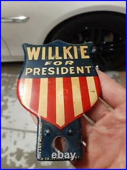 C. 1940 Original Vintage Willkie For President Sign Metal Plate Topper Republican