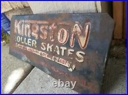 C. 1940s Original Vintage Kingston Roller Skates Sign Metal Embossed Kokomo IN