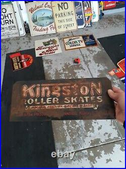 C. 1940s Original Vintage Kingston Roller Skates Sign Metal Embossed Kokomo IN