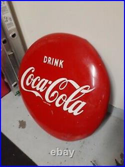 C. 1944 Original Vintage Coca Cola Button Sign 24 Inch Metal Dealer Soda Gas Oil