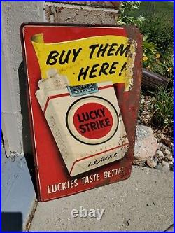 C. 1950s Original Vintage Lucky Strike Cigarettes Sign Metal Embossed Tobacco Gas